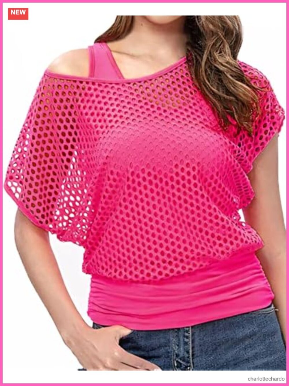 Two Piece 80s Neon Fishnet Off Shoulder Party Set with Tank Top
